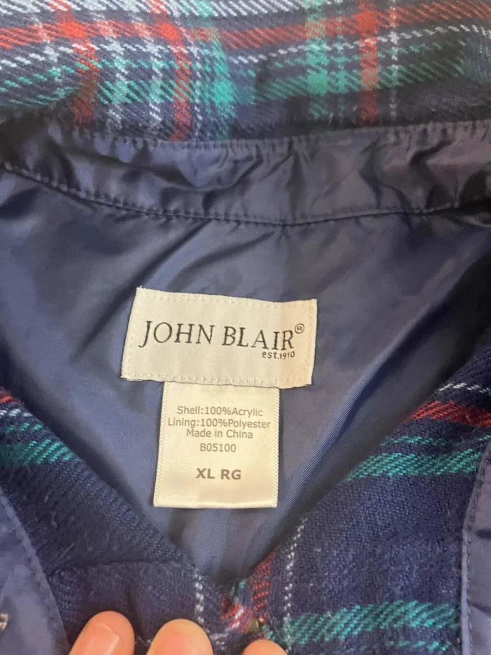 John Blair Mens XL Plaid Button-Up Shirt Navy Red Green Acrylic Polyester